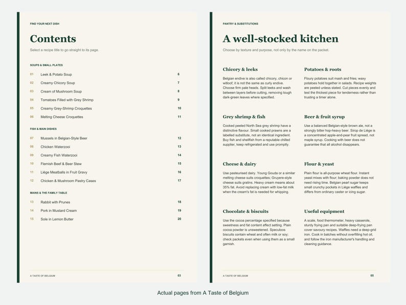 Actual contents and kitchen-notes pages from A Taste of Belgium.