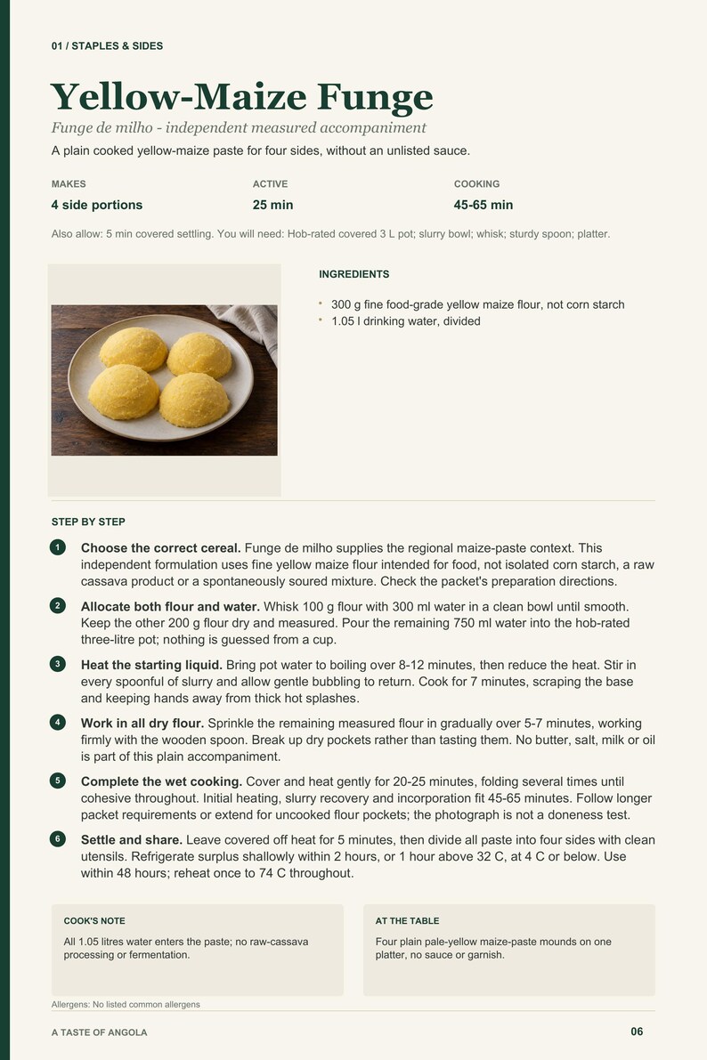 Actual PDF page 6 from A Taste of Angola: Yellow-Maize Funge recipe page.