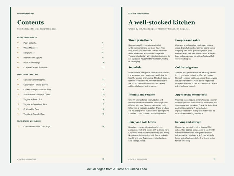 Actual contents and kitchen-notes pages from A Taste of Burkina Faso.