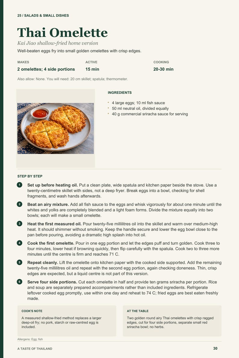 Actual PDF page 30: Thai Omelette, metric ingredients and the six-step recipe method.