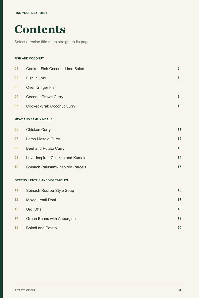 Actual PDF page 3 from A Taste of Fiji: Contents, page 1.