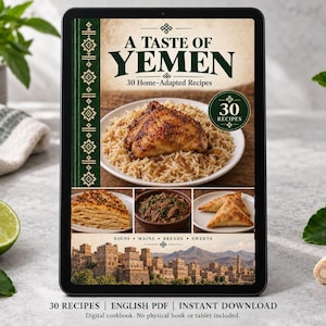 Digital cookbook mockup displaying the actual A Taste of Yemen cover. English PDF download only; no tablet or physical book included.