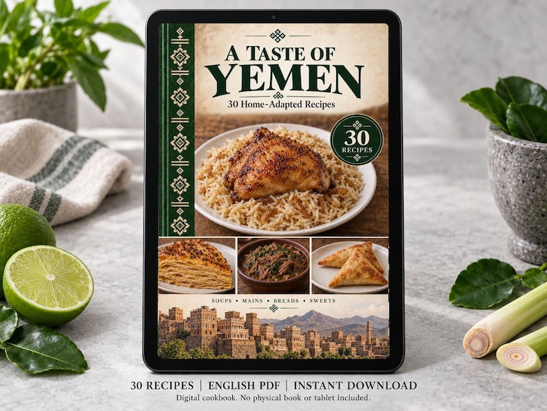 Digital cookbook mockup displaying the actual A Taste of Yemen cover. English PDF download only; no tablet or physical book included.