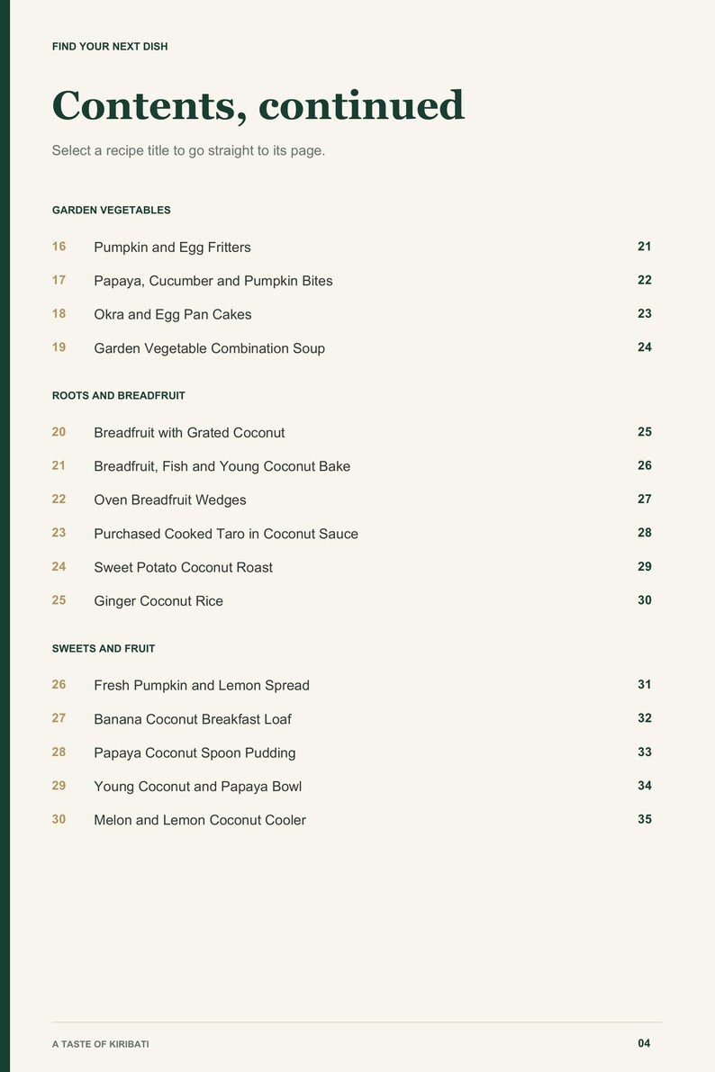 Actual PDF page 4 from A Taste of Kiribati: Contents, page 2.