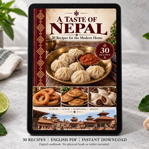 Digital cookbook mockup displaying the actual A Taste of Nepal cover. English PDF download only; no tablet or physical book included.