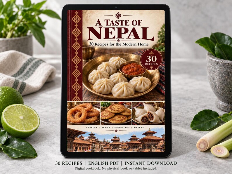 Digital cookbook mockup displaying the actual A Taste of Nepal cover. English PDF download only; no tablet or physical book included.
