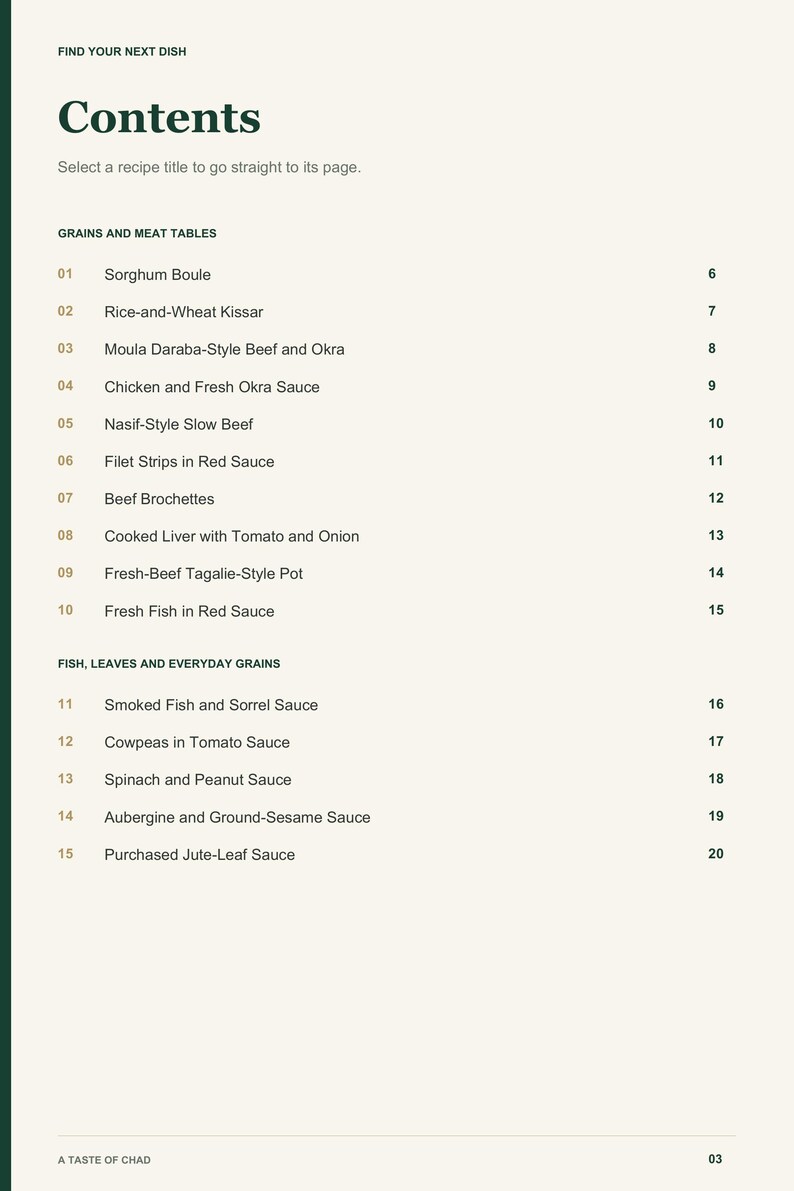 Actual PDF page 3 from A Taste of Chad: Contents, page 1.