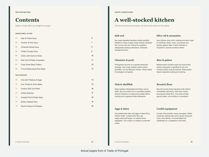 Actual contents and kitchen-notes pages from A Taste of Portugal.