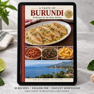 Digital cookbook mockup displaying the actual A Taste of Burundi cover. English PDF download only; no tablet or physical book included.