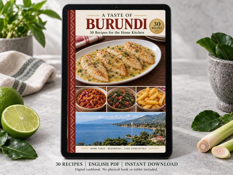 Digital cookbook mockup displaying the actual A Taste of Burundi cover. English PDF download only; no tablet or physical book included.