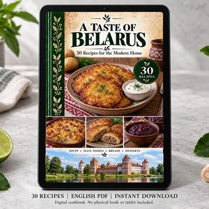 Digital cookbook mockup displaying the actual A Taste of Belarus cover. English PDF download only; no tablet or physical book included.