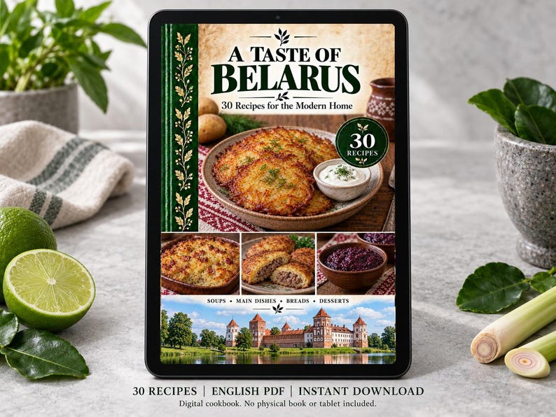 Digital cookbook mockup displaying the actual A Taste of Belarus cover. English PDF download only; no tablet or physical book included.