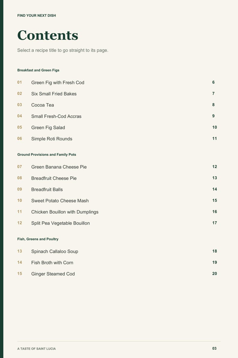 Actual PDF page 3 from A Taste of Saint Lucia: Contents, page 1.