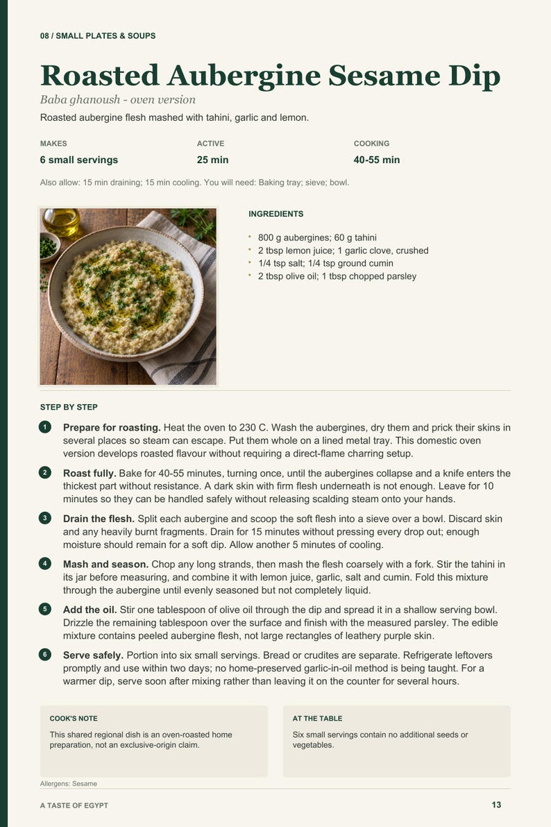 Actual PDF page 13 from A Taste of Egypt: Roasted Aubergine Sesame Dip recipe page.