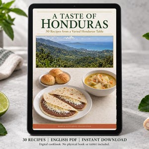 Digital cookbook mockup displaying the actual A Taste of Honduras cover. English PDF download only; no tablet or physical book included.