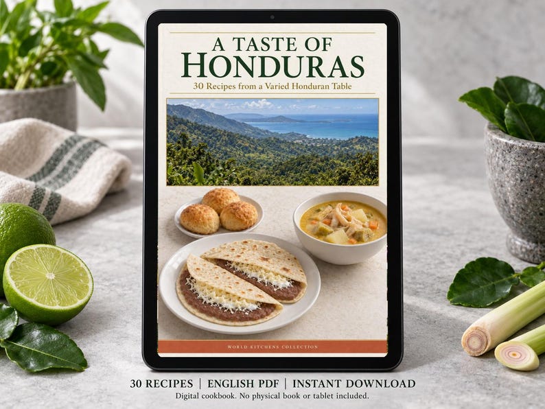 Digital cookbook mockup displaying the actual A Taste of Honduras cover. English PDF download only; no tablet or physical book included.
