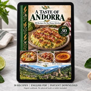 Digital cookbook mockup displaying the actual A Taste of Andorra cover. English PDF download only; no tablet or physical book included.