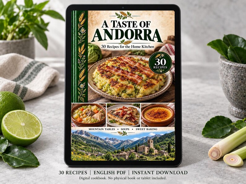 Digital cookbook mockup displaying the actual A Taste of Andorra cover. English PDF download only; no tablet or physical book included.