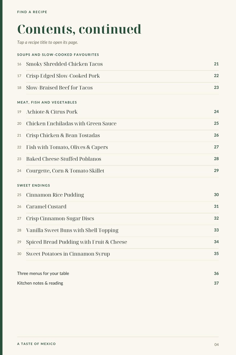 Actual PDF page 4 from A Taste of Mexico: Contents, page 2.