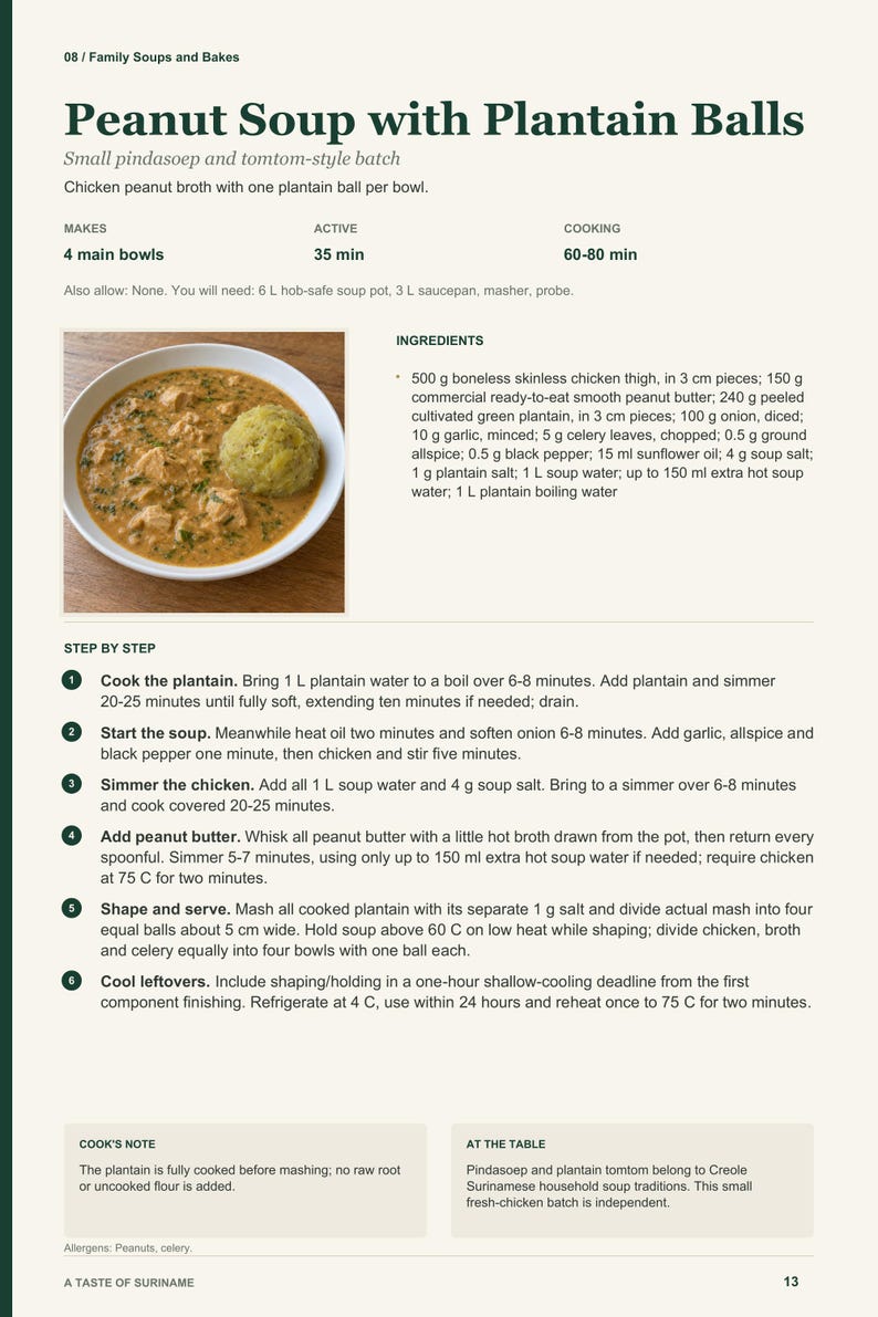 Actual PDF page 13 from A Taste of Suriname: Peanut Soup with Plantain Balls recipe page.