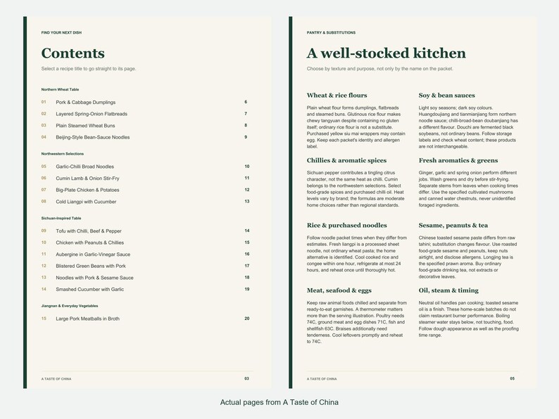 Actual contents and kitchen-notes pages from A Taste of China.