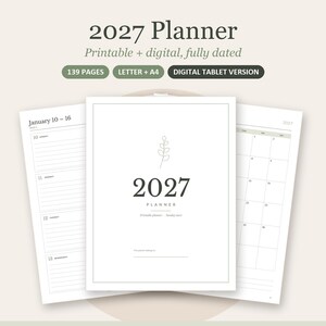 May include: A 2027 planner with 139 pages, available in letter and A4 sizes, featuring a digital tablet version. The cover displays the text 2027 PLANNER with a small leaf illustration, while interior pages show weekly and monthly layouts.
