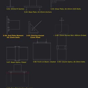 May include: A technical drawing titled BEAMandBOLT Structural Steel Detail Library v1.0, displaying ten structural steel connection details including W310x74 section, base plate with 25mm anchors, shear plate with 20mm A325 bolts, and anchor bolts.