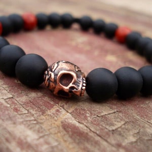 Mens Black Onyx Skull Bracelet: Copper Skull, Gothic Jewelry
