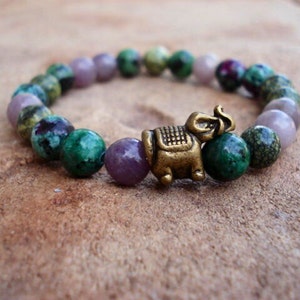 Elephant Bracelet, Green Bracelet, Purple Bracelet, Crystal Healing Bracelet, Stretch Bracelet, Handmade Jewelry, African Jewelry image 2