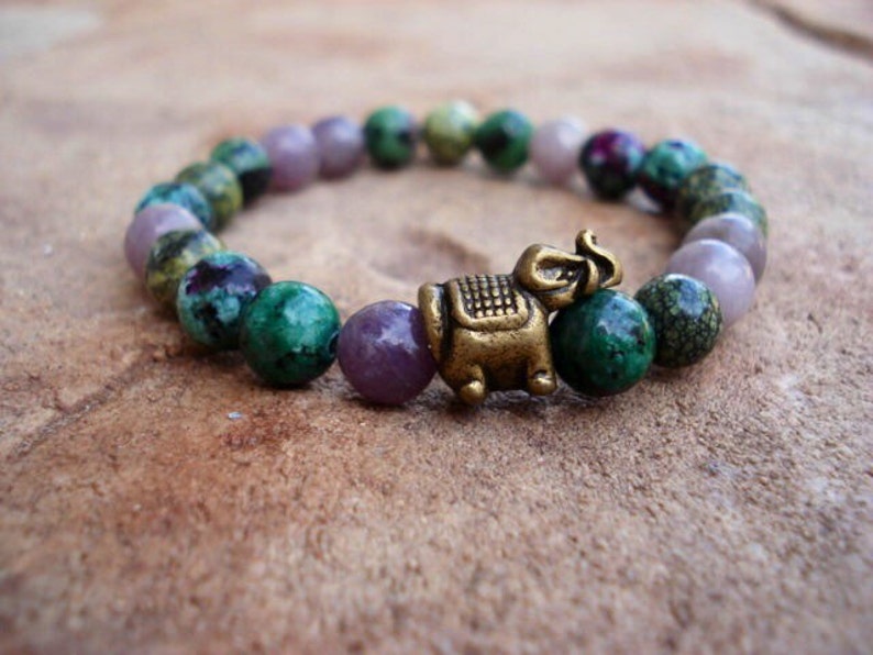 Elephant Bracelet, Green Bracelet, Purple Bracelet, Crystal Healing Bracelet, Stretch Bracelet, Handmade Jewelry, African Jewelry image 2