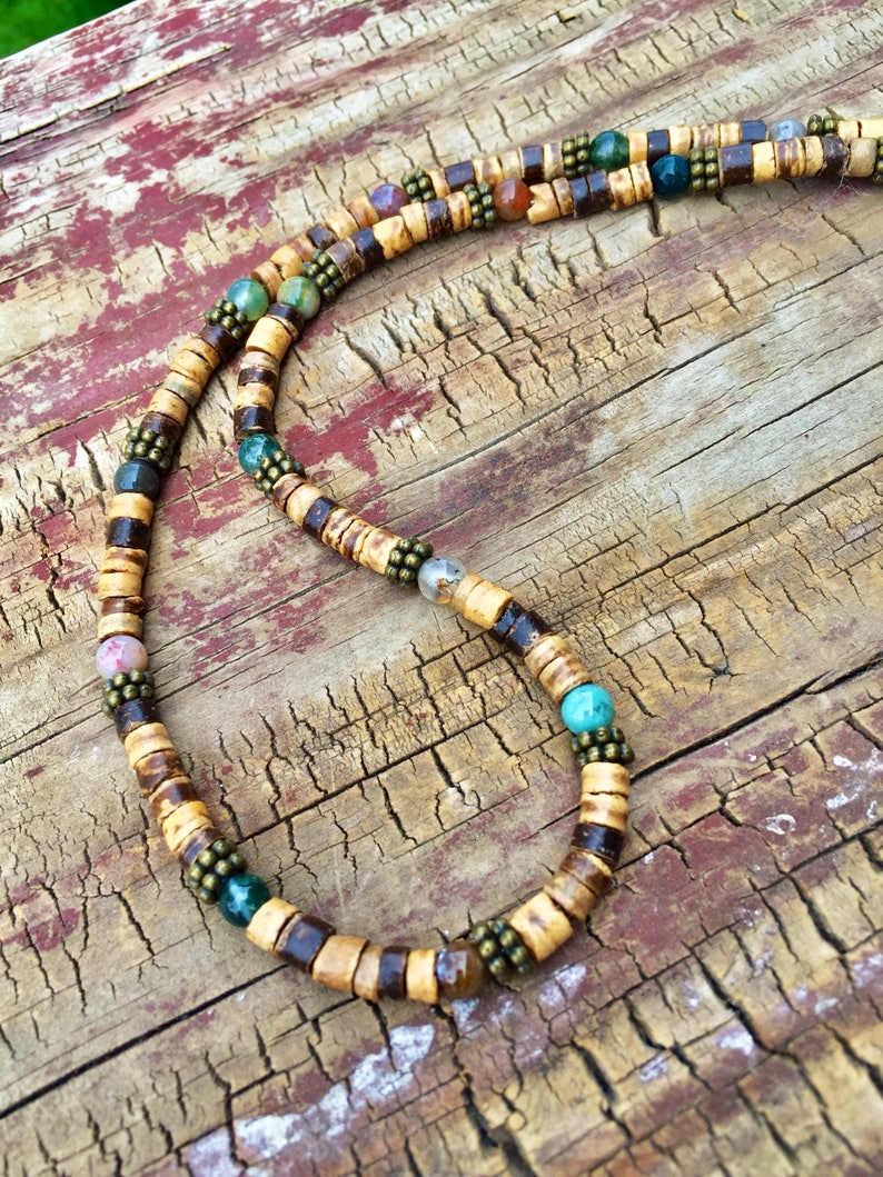Mens Beaded Necklace, Mens Beach Necklace, Rustic Necklace, Nautical Jewelry, Women's Necklace, Jasper Brass Necklace, Coconut Necklace image 10