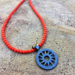 Sun Pendant Necklace, Beaded Orange Necklace, Coral Necklace, Beach Necklace, Beach Jewelry, Toggle Necklace, Nature Jewelry, Boho Necklace image 3