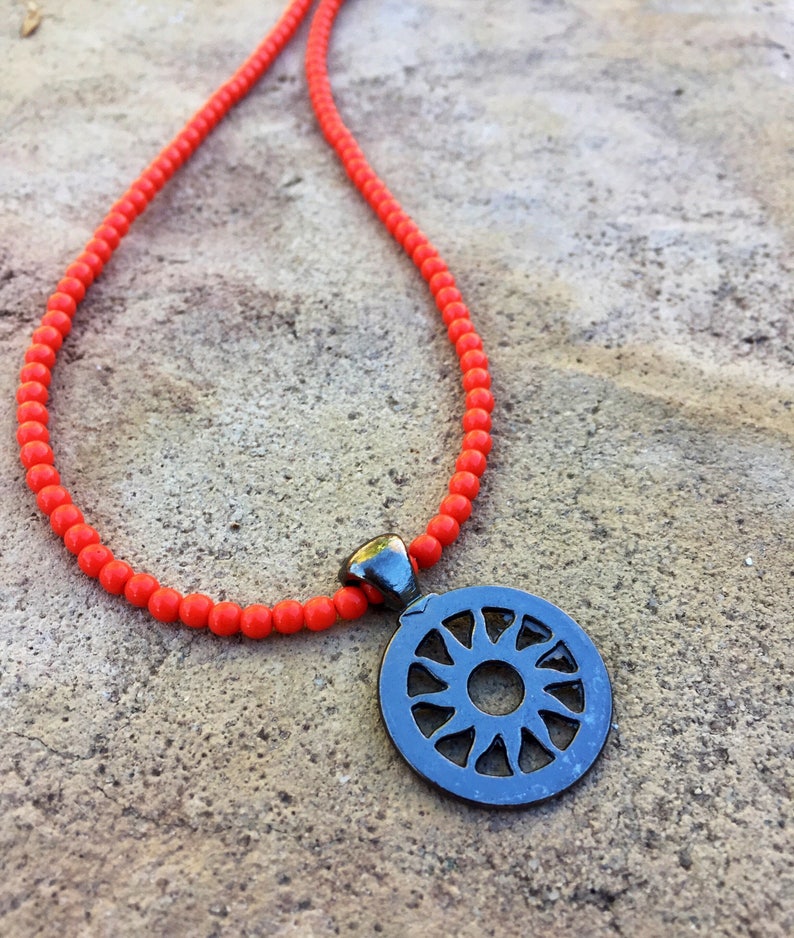 Sun Pendant Necklace, Beaded Orange Necklace, Coral Necklace, Beach Necklace, Beach Jewelry, Toggle Necklace, Nature Jewelry, Boho Necklace image 3