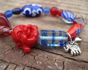 Buddha Bracelet, Glass Bead Bracelet, Spiritual Jewelry, Red Bead Bracelet, Blue Bead Bracelet, Stretch Bracelet, Yoga Bracelet