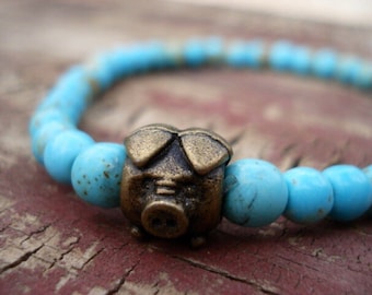 Pig Bracelet, Turquoise Bracelet, Pig Jewelry, Animal Jewelry, Gift For Her, Jewelry For Girls, Fun Jewelry, Stretch Bracelet, Bead Bracelet