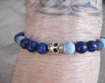 Skull Bracelet, Blue Bracelet, Bracelet for Men, Women's Bracelet, Goth Bracelet, Skull Jewelry, Beaded Bracelet, Stretch Bracelet