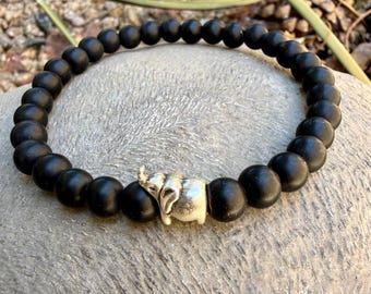 Mens Matte Black Onyx Bracelet: Antique Brass or Silver Elephant Charm