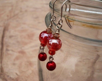 Red Glass Earrings, Red Pearl Charm Earrings, Statement Earrings, Beaded Earrings, Dangle Earrings, Drop Earrings, Boho Earrings