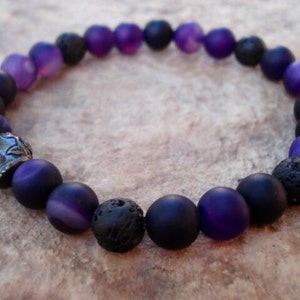 Mens Skull Bracelet, Mens Black Beaded Bracelet, Purple Jade Bracelet, Essential Oil Bracelet, Lava Bracelet, Purple Bracelet. image 1