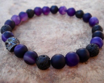 Mens Skull Bracelet, Mens Black Beaded Bracelet, Purple Jade Bracelet, Essential Oil Bracelet, Lava Bracelet, Purple Bracelet.