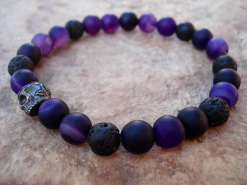 Mens Skull Bracelet, Mens Black Beaded Bracelet, Purple Jade Bracelet, Essential Oil Bracelet, Lava Bracelet, Purple Bracelet. image 1