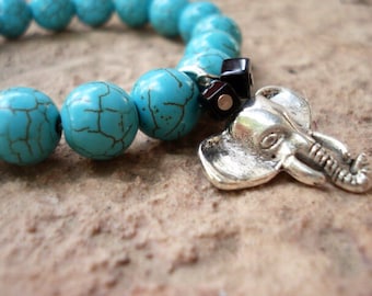 Turquoise Magnesite Bracelet: Tibetan Silver Elephant Charm