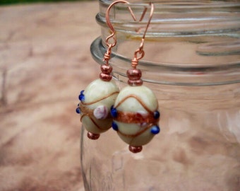 Lampwork Glass Earrings, Copper Earrings, Blue Earrings, Women's Earrings, Seed Bead Earrings, Victorian Earrings, Boho Drop Dangle Earrings