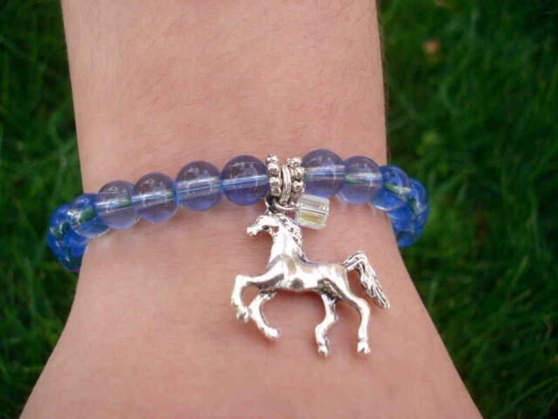 Horse Charm Bracelet, Charm Bracelet, Horse Jewelry, Western Jewelry, Blue Bracelet, Glass Bead Bracelet, Animal Bracelet, Teen Girl Gift image 3