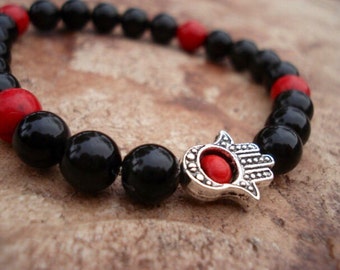 Hamsa Bracelet, Mens Black Bracelet, Red Bracelet, Hanukkah Gift, Spiritual Jewelry, Faith Jewelry, Gemstone Bracelet, Stretch Bracelet
