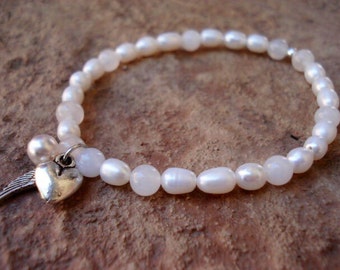 Freshwater Pearl Bracelet, Moonstone Bracelet, Wedding Bracelet, Beaded Bracelet, Silver Charm Bracelet, Pearl Bracelet, Women's Bracelet