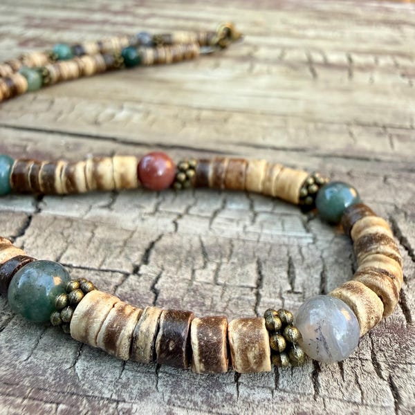 Mens Jasper Coconut Beaded Necklace: Rustic Brass Nautical Jewelry