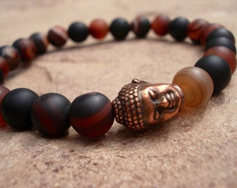 Bracelet Perles D'Agate Multicolore 6mm Avec Charm Bouddha Argenté - Anti-Stress Neuf