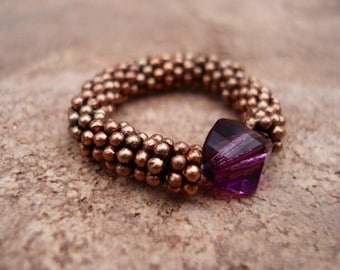 Amethyst Swarovski Crystal Ring: Copper Beaded Stretch Ring