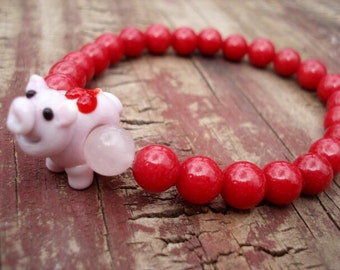 Pig Jewelry, Pig Bracelet, Red Bracelet, Pig Gift, Beaded Bracelet, Girls Jewelry, Jade Bracelet, Gemstone Bracelet, Rose Quartz Bracelet